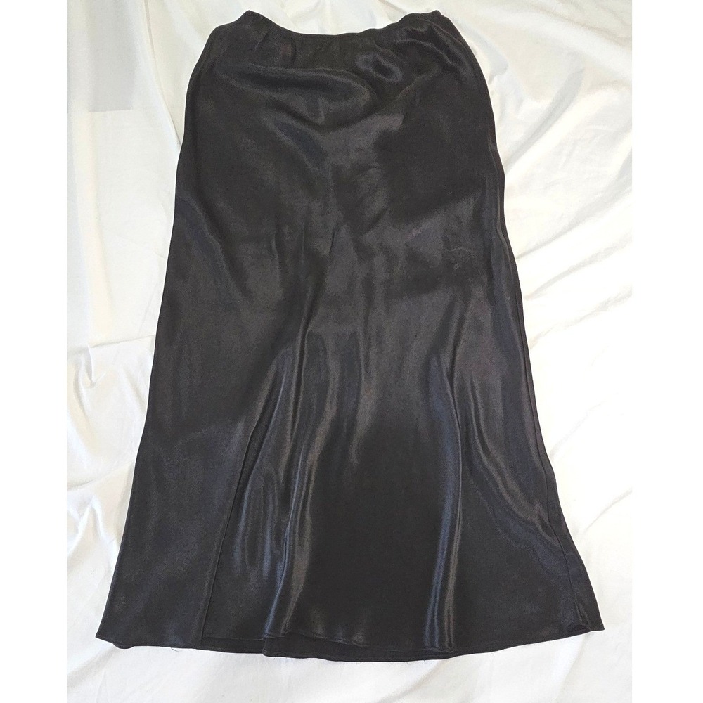 Max Studio Leon Max Womens S Black Satin Midi Skirt/Slip Elastic Waist A-Line